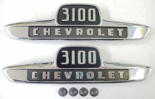 1955 1st Ser. Chevy Truck Hood Side Emblem "3100" (with fasteners) pr.