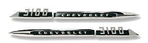 1956 Chevy Truck Fender Side Emblems "Chevrolet 3100",  4 pcs Kit. (w/fasteners)