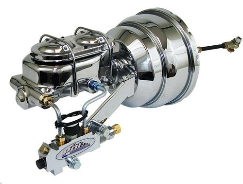 1963-66 Chevy Truck Chrome Brake Booster Kit, includes 9” booster, firewall boot and brackets,clevis, push rod, master cylinder, proportioning valve and side mount bracket kit and clutchmaster cylinder