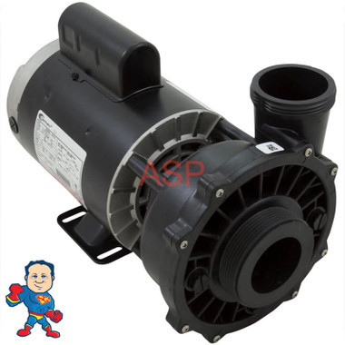 This pump is 2-1/2" x 2", used in select brands like Catalina, some Leisure Bay, and Dynasty. Measure intake and discharge threads before ordering. WW Exec 3.0HP, 230V, 2-speed, 56FR, OEM. Do not rely on HP sticker—match amperage to the chart.
