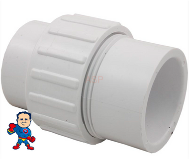 Union fitting: 2" spigot x spigot or 1-1/2" slip x slip. Common in pool plumbing for quick removal of pumps, heaters, and filters. Fits 2" plumbing (2-3/8" I.D. of fittings) or 1-1/2" pipe (1-7/8" O.D. inside).
