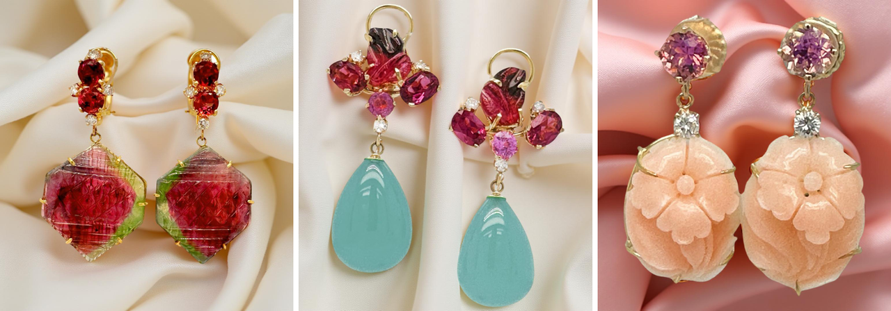 Elegant dangle earrings featuring carved watermelon tourmaline with ruby accents, teal teardrop and pink gemstone cluster earrings, and peach flower-carved earrings with sparkling amethyst and diamond studs.