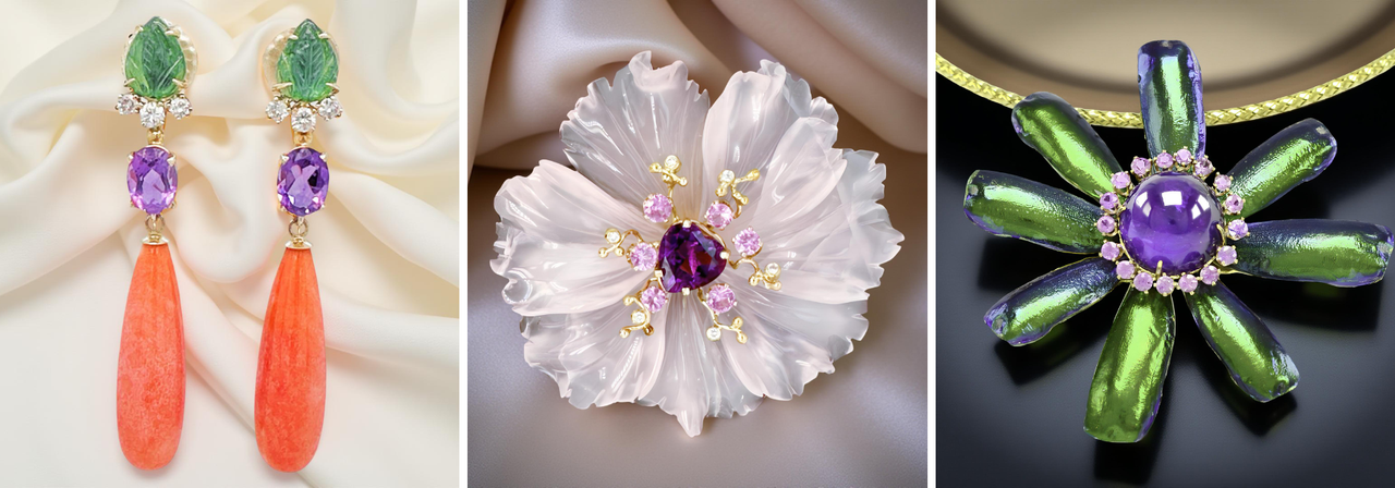 "Colorful jewelry collection with green leaf and coral drop earrings, an opulent floral brooch with carved white petals and amethyst center, and a daisy-inspired green and purple necklace centerpiece with pink accents."