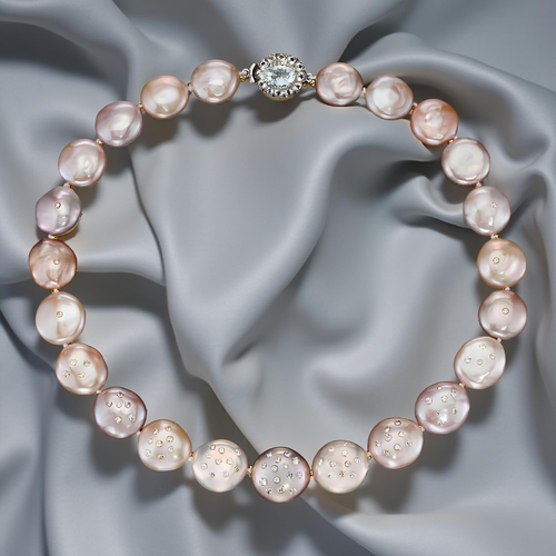 1. Multicolored pink coin pearls with 2.50ct of embedded diamonds and 18K gold—soft, radiant, and unforgettable.