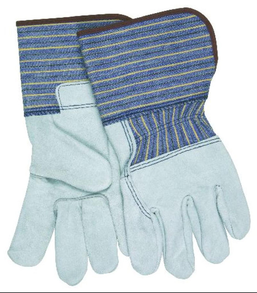 1414A full feature gunn, A select shoulder, blue fabric with black and yellow stripes, 3/4 leather back, 4.5" plasticized gauntlet cuff, L