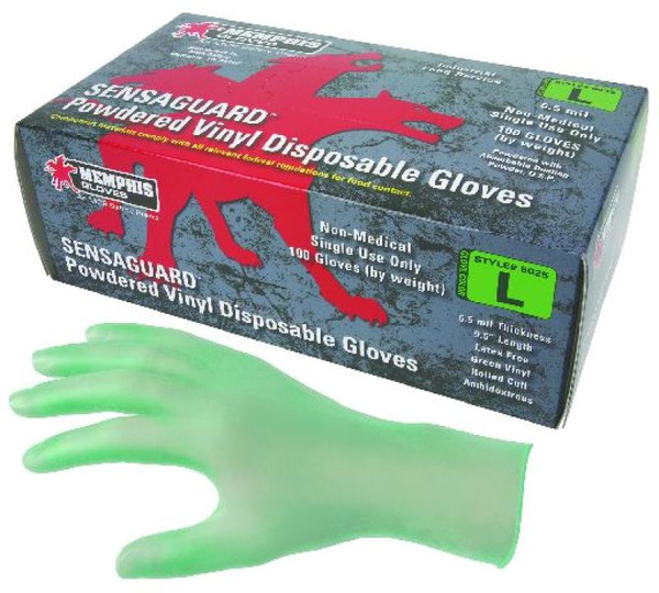 5025 SensaGuard, 6.5 mil. Disposable green Gloves, Powdered, Industry standard, Industrial/Food service grade, Non-Sterile, Ambidextrous, 100 gloves per dispenser