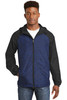 Sport-Tek® Heather Colorblock Raglan Hooded Wind Jacket. JST40 True Royal Heather/ Black