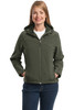 Port Authority® Ladies Textured Hooded Soft Shell Jacket. L706 Mineral Green/ Soft Orange