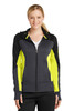 Sport-Tek® Ladies Tech Fleece Colorblock Full-Zip Hooded Jacket. LST245 Black/ Graphite Heather/ Citron