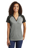 Sport-Tek ® Ladies PosiCharge ® RacerMesh ® Raglan Heather Block Polo. LST641 Grey Heather/ Black