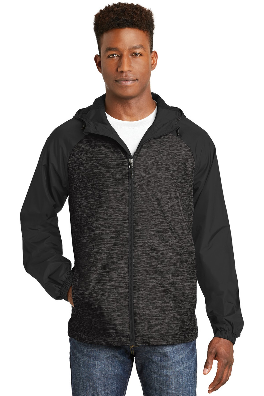 Sport-Tek® Heather Colorblock Raglan Hooded Wind Jacket. JST40 Black Heather/ Black