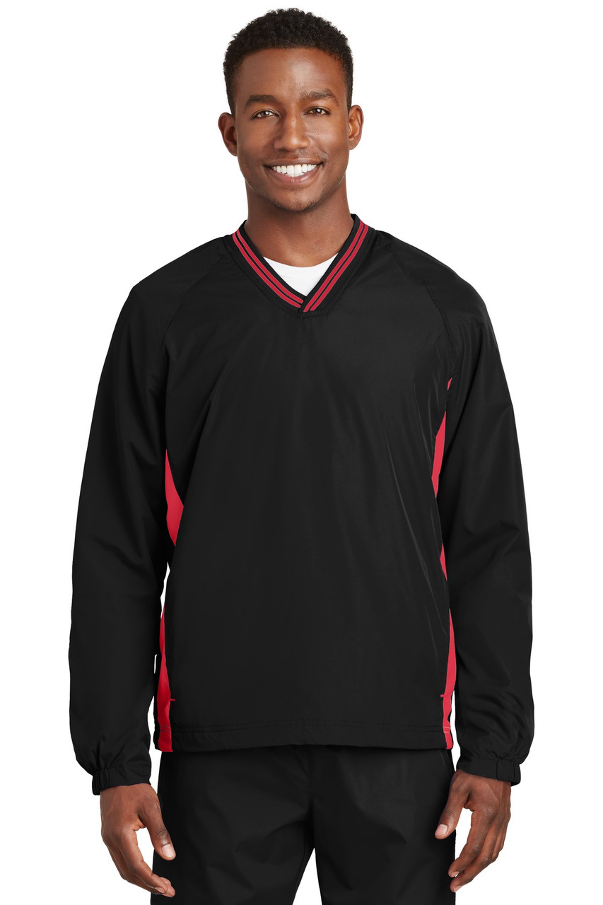 Sport-Tek® Tipped V-Neck Raglan Wind Shirt. JST62 Black/ True Red