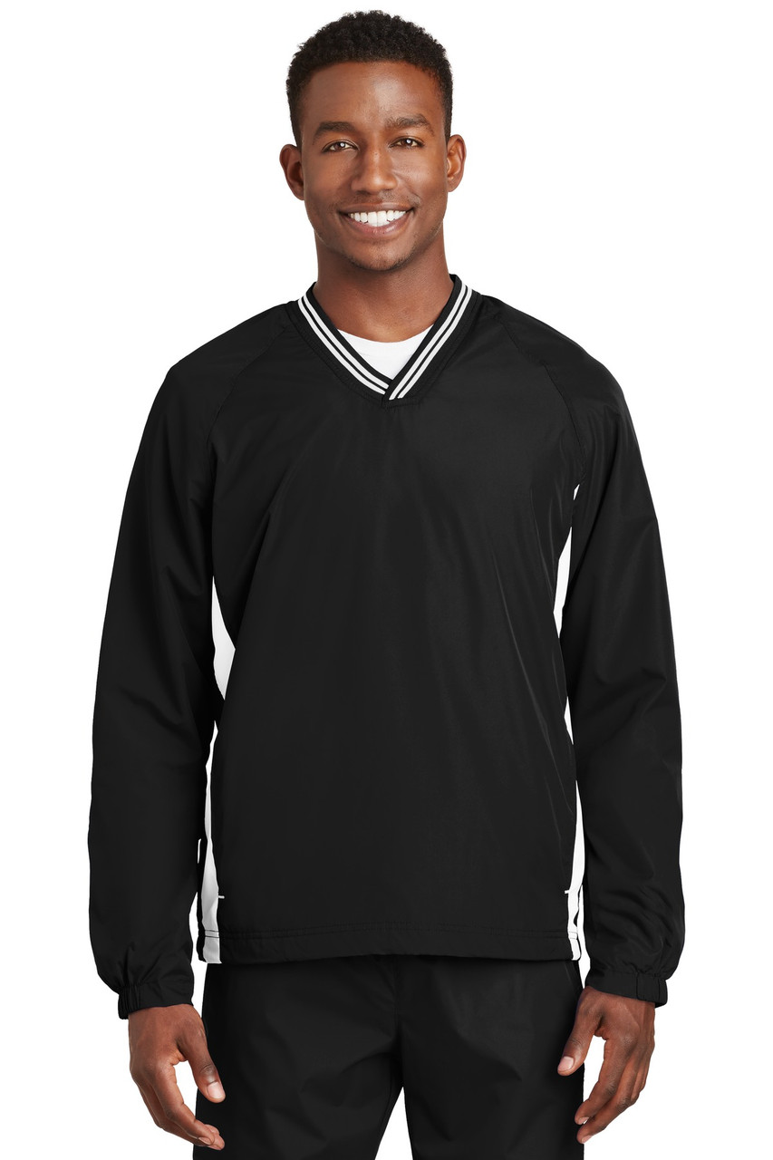 Sport-Tek® Tipped V-Neck Raglan Wind Shirt. JST62 Black/ White