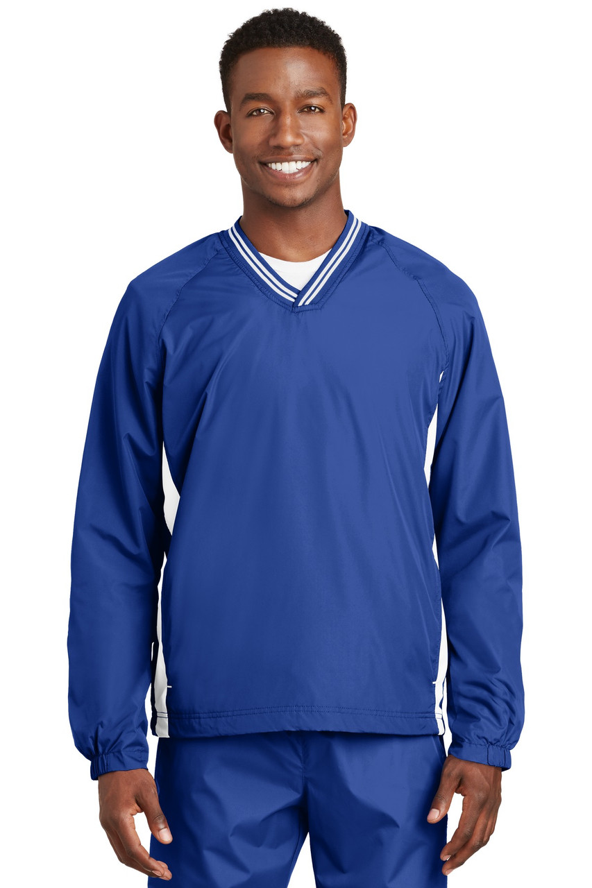 Sport-Tek® Tipped V-Neck Raglan Wind Shirt. JST62 True Royal/ White