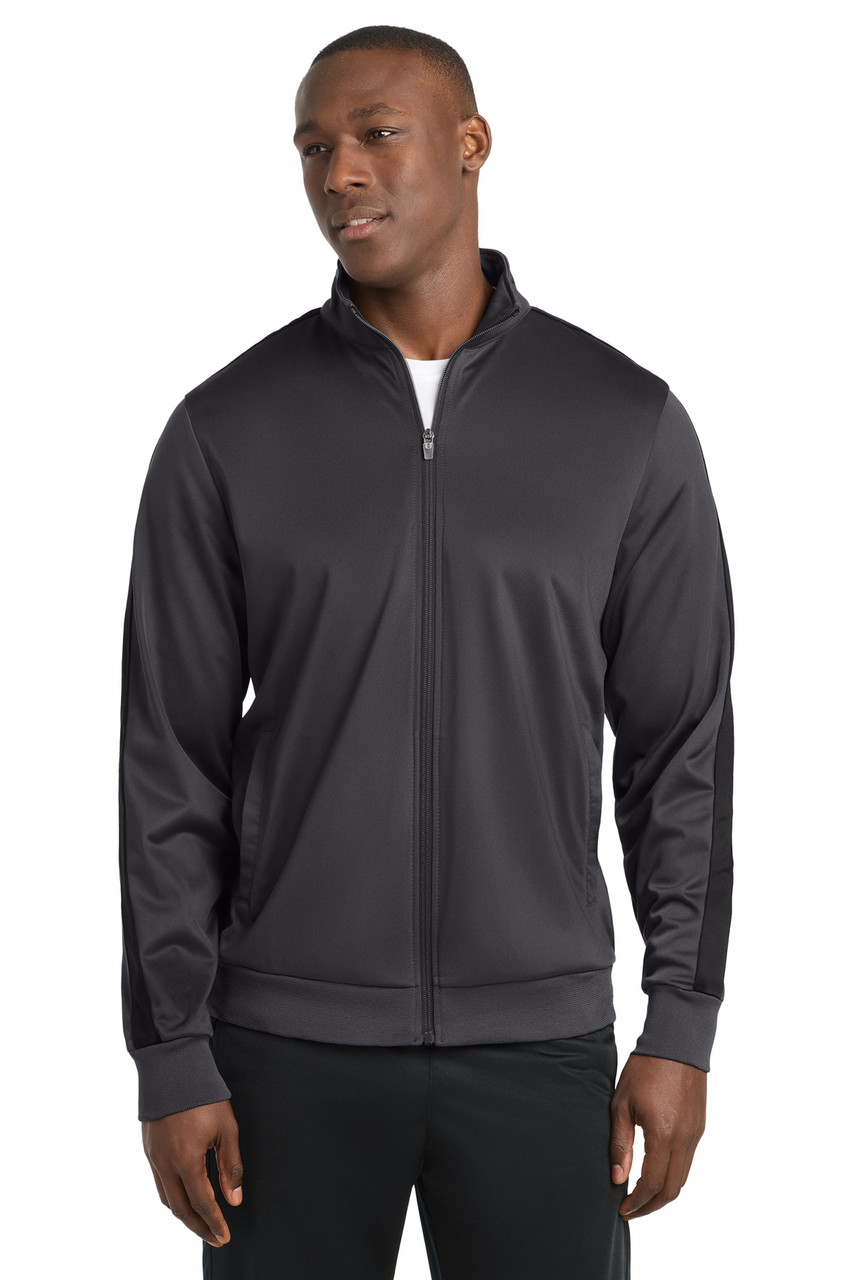 Sport-Tek ® Tricot Sleeve Stripe Track Jacket. JST94 Graphite/ Black