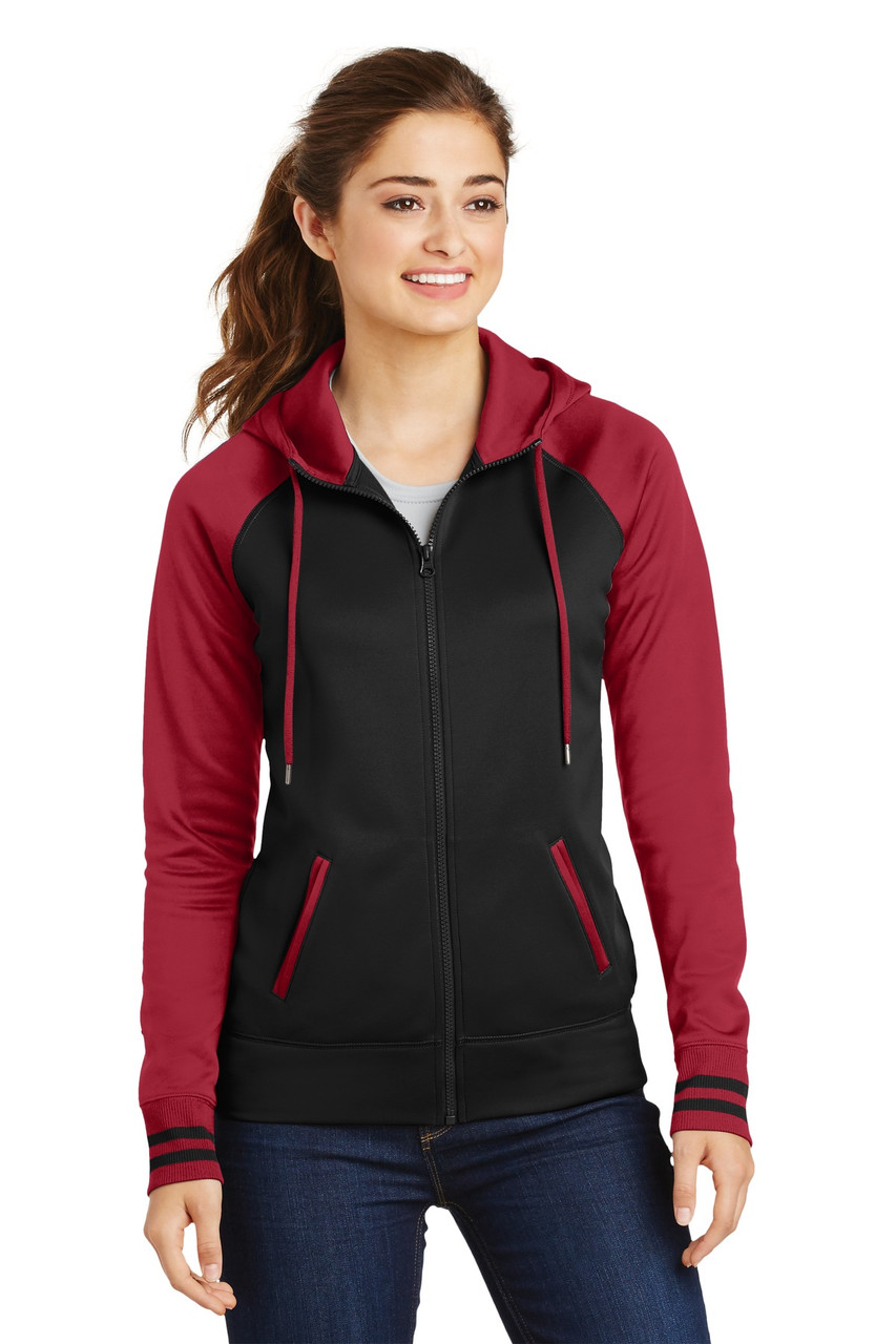 Sport-Tek® Ladies Sport-Wick® Varsity Fleece Full-Zip Hooded Jacket. LST236 Black/ Deep Red