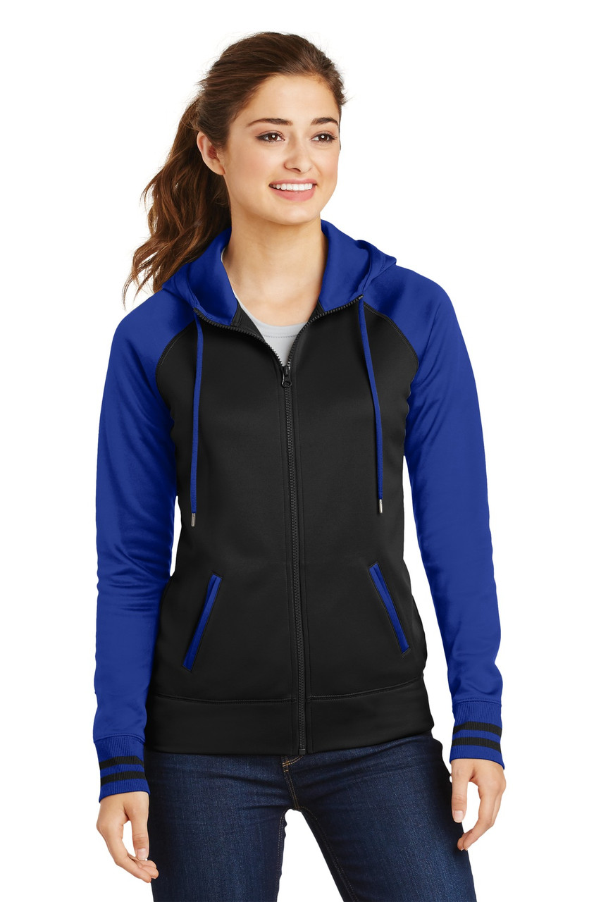 Sport-Tek® Ladies Sport-Wick® Varsity Fleece Full-Zip Hooded Jacket. LST236 Black/ True Royal