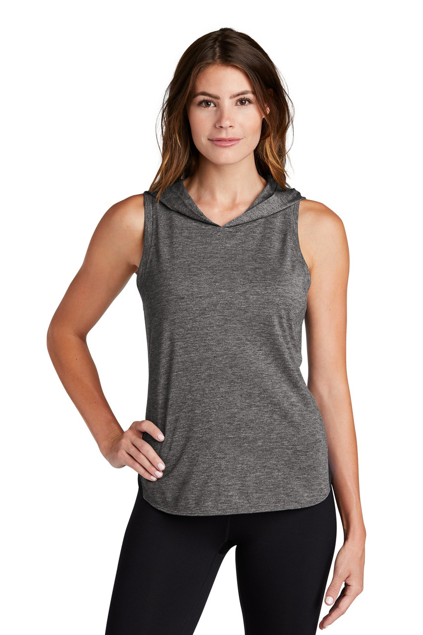 Sport-Tek ® Ladies PosiCharge ® Tri-Blend Wicking Draft Hoodie Tank. LST410 Black/ Dark Grey Heather