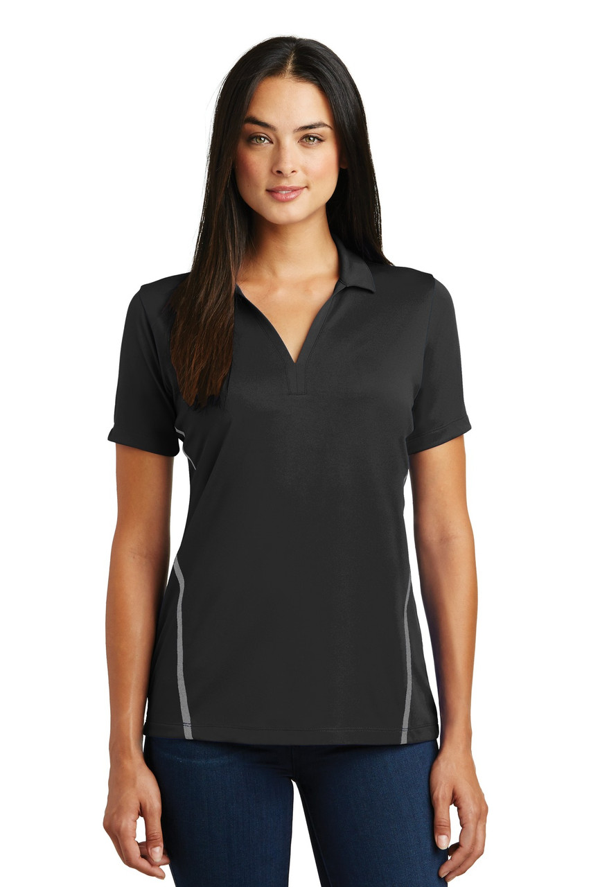 Sport-Tek® Ladies Contrast PosiCharge® Tough Polo®. LST620 Black/ Heather Grey