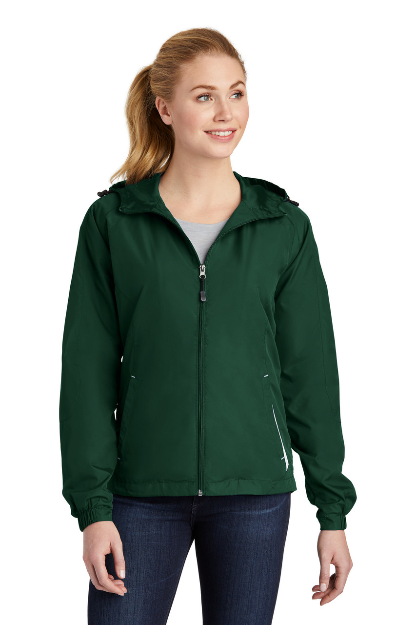 Sport-Tek® Ladies Colorblock Hooded Raglan Jacket. LST76 Forest Green/ White