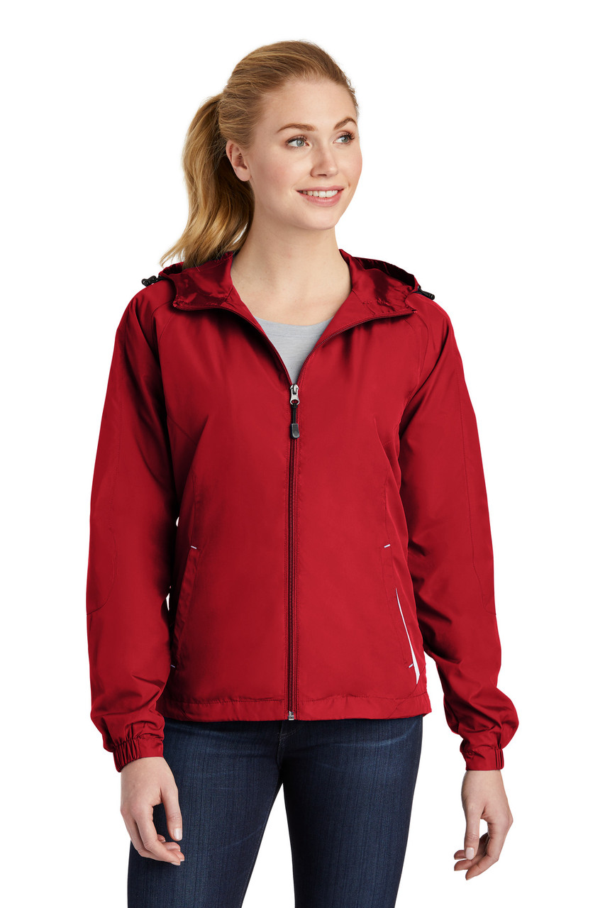 Sport-Tek® Ladies Colorblock Hooded Raglan Jacket. LST76 True Red/ White