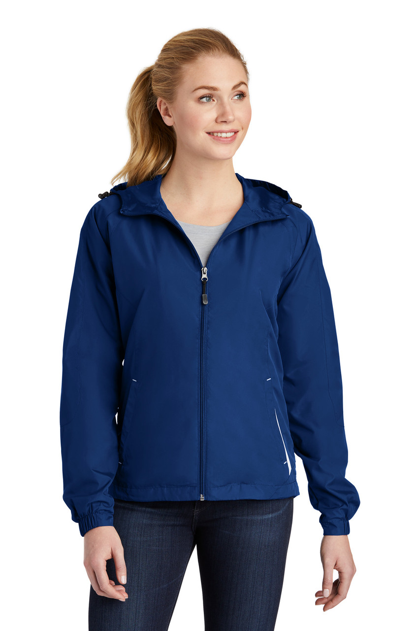 Sport-Tek® Ladies Colorblock Hooded Raglan Jacket. LST76 True Royal/ White