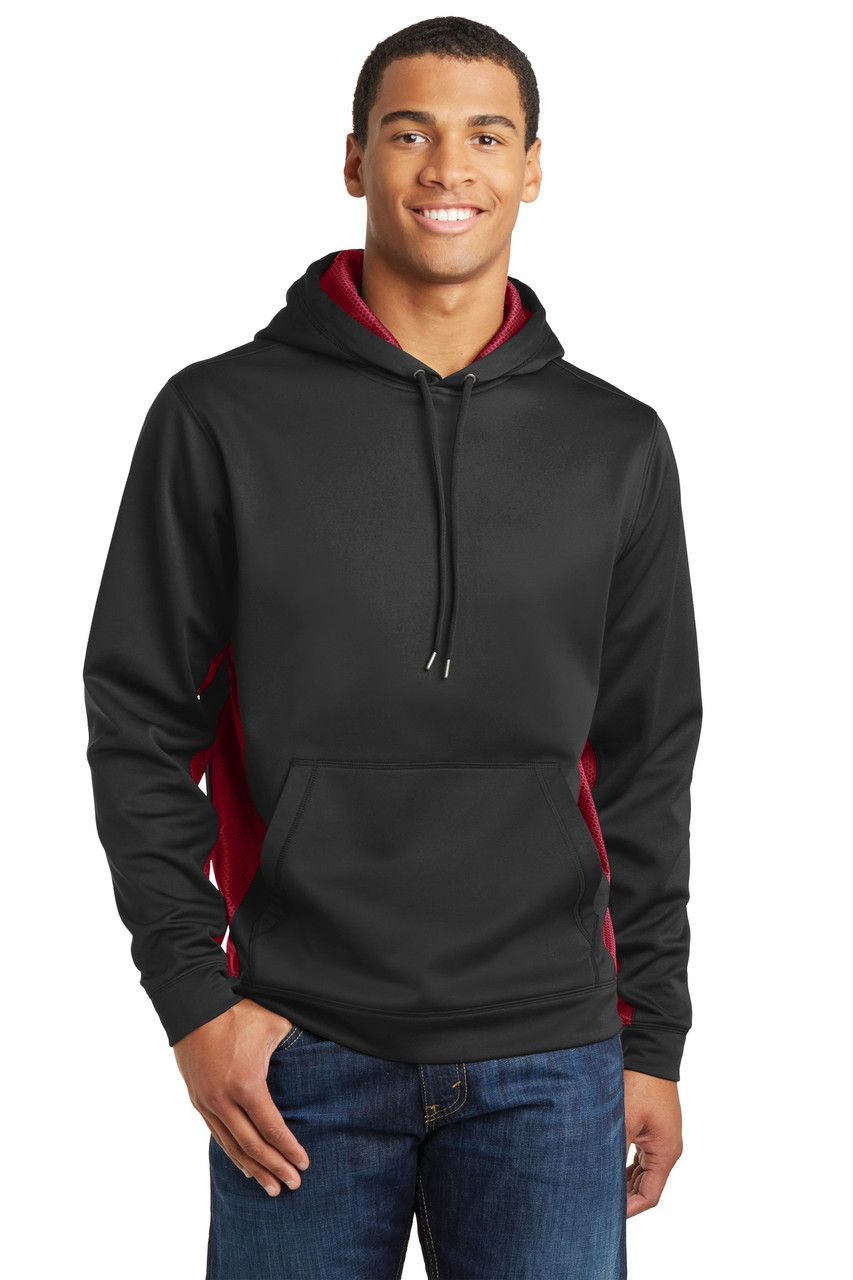 Sport-Tek® Sport-Wick® CamoHex Fleece Colorblock Hooded Pullover. ST239 Black/ Deep Red XS