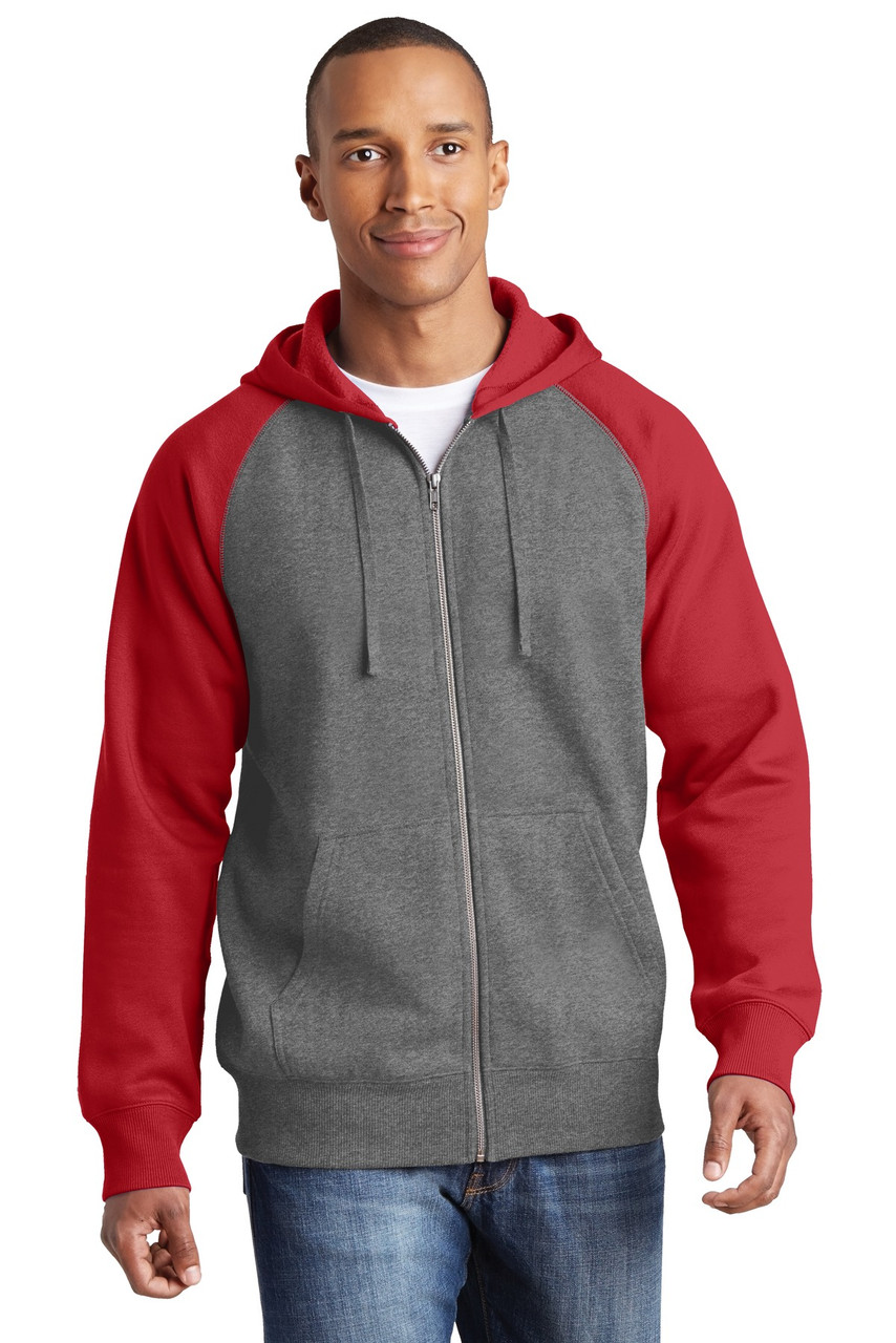 Sport-Tek® Raglan Colorblock Full-Zip Hooded Fleece Jacket.  ST269 Vintage Heather/ True Red