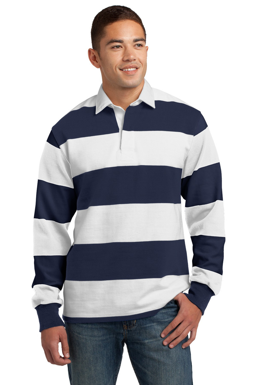 Sport-Tek® Classic Long Sleeve Rugby Polo. ST301 True Navy/ White