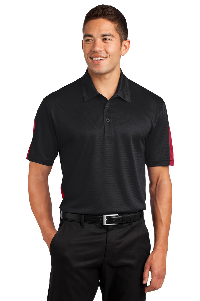 Sport-Tek® PosiCharge® Active Textured Colorblock Polo. ST695 Black/ True Red