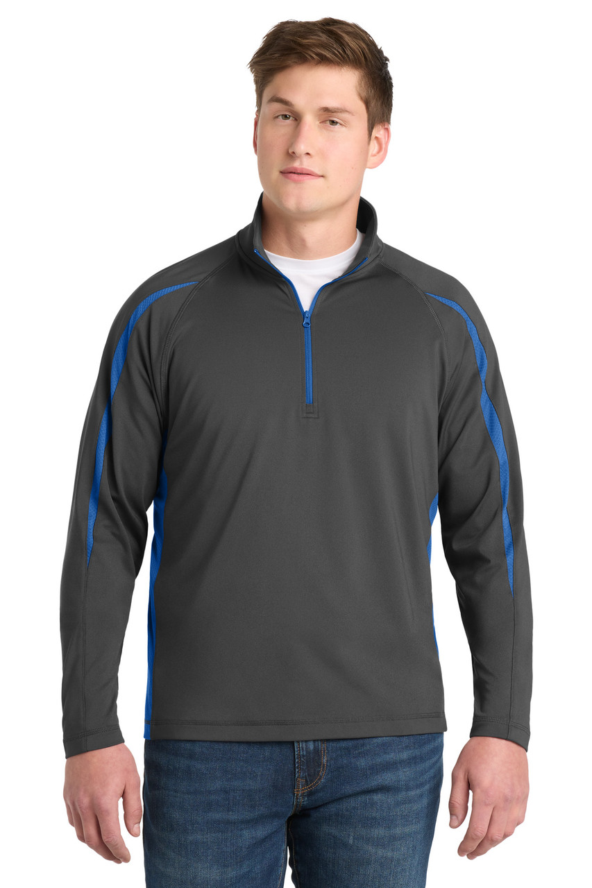 Sport-Tek® Sport-Wick® Stretch 1/4-Zip Colorblock Pullover. ST851 Charcoal Grey/ True Royal