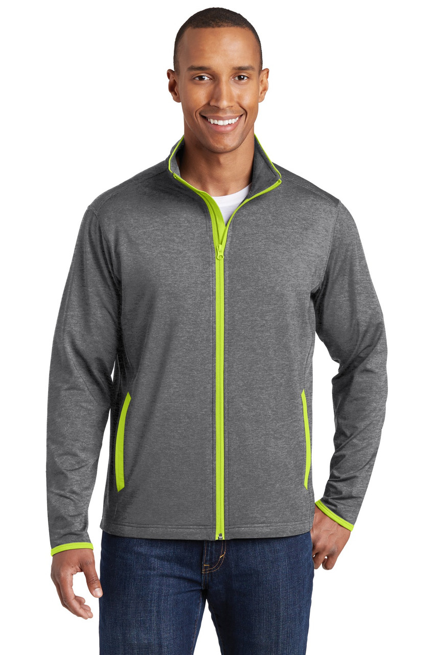 Sport-Tek® Sport-Wick® Stretch Contrast Full-Zip Jacket.  ST853 Charcoal Grey Heather/ Charge Green