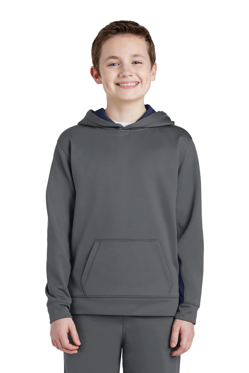 Sport-Tek® Youth Sport-Wick® Fleece Colorblock Hooded Pullover.  YST235 Dark Smoke Grey/ Navy
