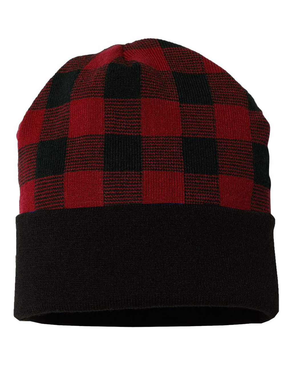 USA-Made Plaid Beanie - RKP12 Black/ True Red