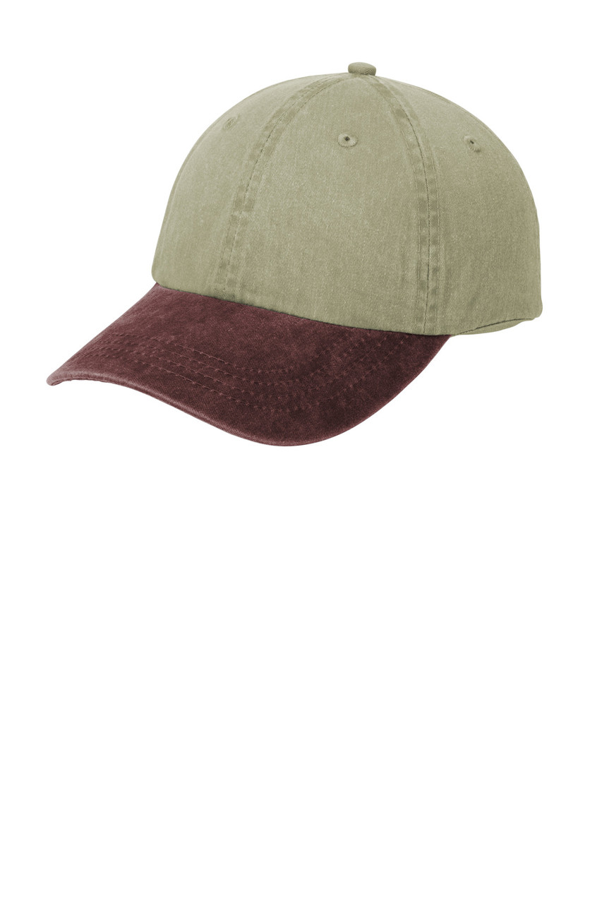 Port & Co™ Two-Tone Pigment-Dyed Cap.  CP83 Khaki/ Maroon Port & Co™ Two-Tone Pigment-Dyed Cap.  CP83 Khaki/ Maroon