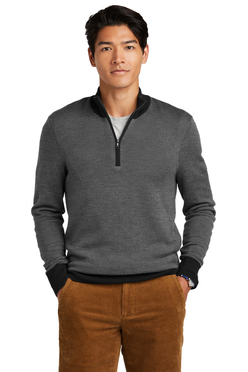 Brooks Brothers® Washable Merino Birdseye 1/4-Zip Sweater BB18412 Deep Black/ Shadow Grey