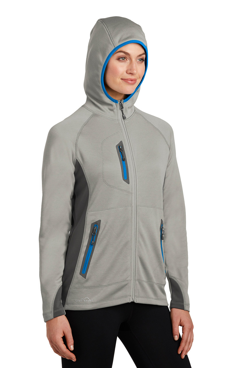 Eddie Bauer ® Ladies Sport Hooded Full-Zip Fleece Jacket. EB245 Grey Cloud/ Grey Steel/ Expedition Blue Hood