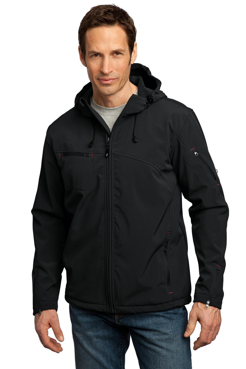 Port Authority® Textured Hooded Soft Shell Jacket. J706 Black/ Engine Red