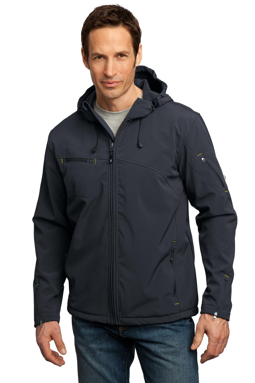 Port Authority® Textured Hooded Soft Shell Jacket. J706 Charcoal/ Lemon Yellow