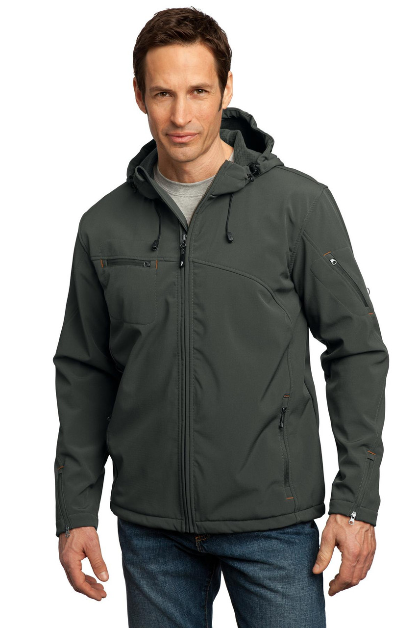 Port Authority® Textured Hooded Soft Shell Jacket. J706 Mineral Green/ Soft Orange