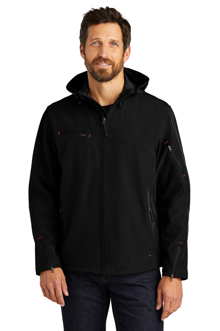 Port Authority® Textured Hooded Soft Shell Jacket. J706 Black/ Engine Red XS