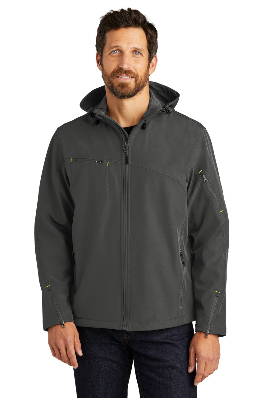 Port Authority® Textured Hooded Soft Shell Jacket. J706 Charcoal/ Lemon Yellow XS