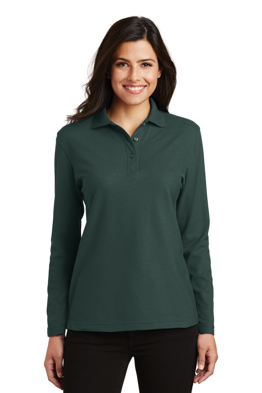 Port Authority® Ladies  Silk Touch™ Long Sleeve Polo.  L500LS Dark Green