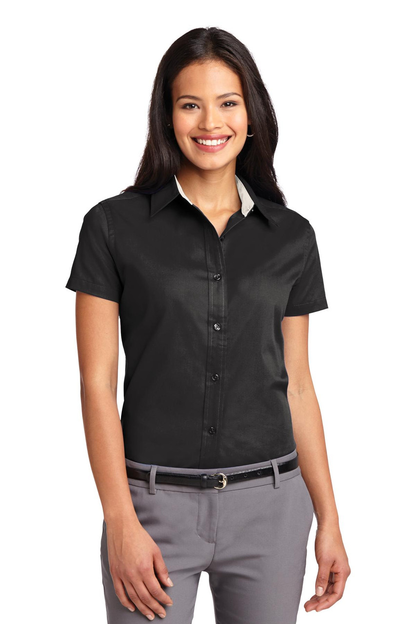 Port Authority® Ladies Short Sleeve Easy Care  Shirt.  L508 Black/ Light Stone