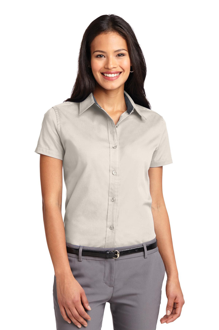 Port Authority® Ladies Short Sleeve Easy Care  Shirt.  L508 Light Stone/ Classic Navy