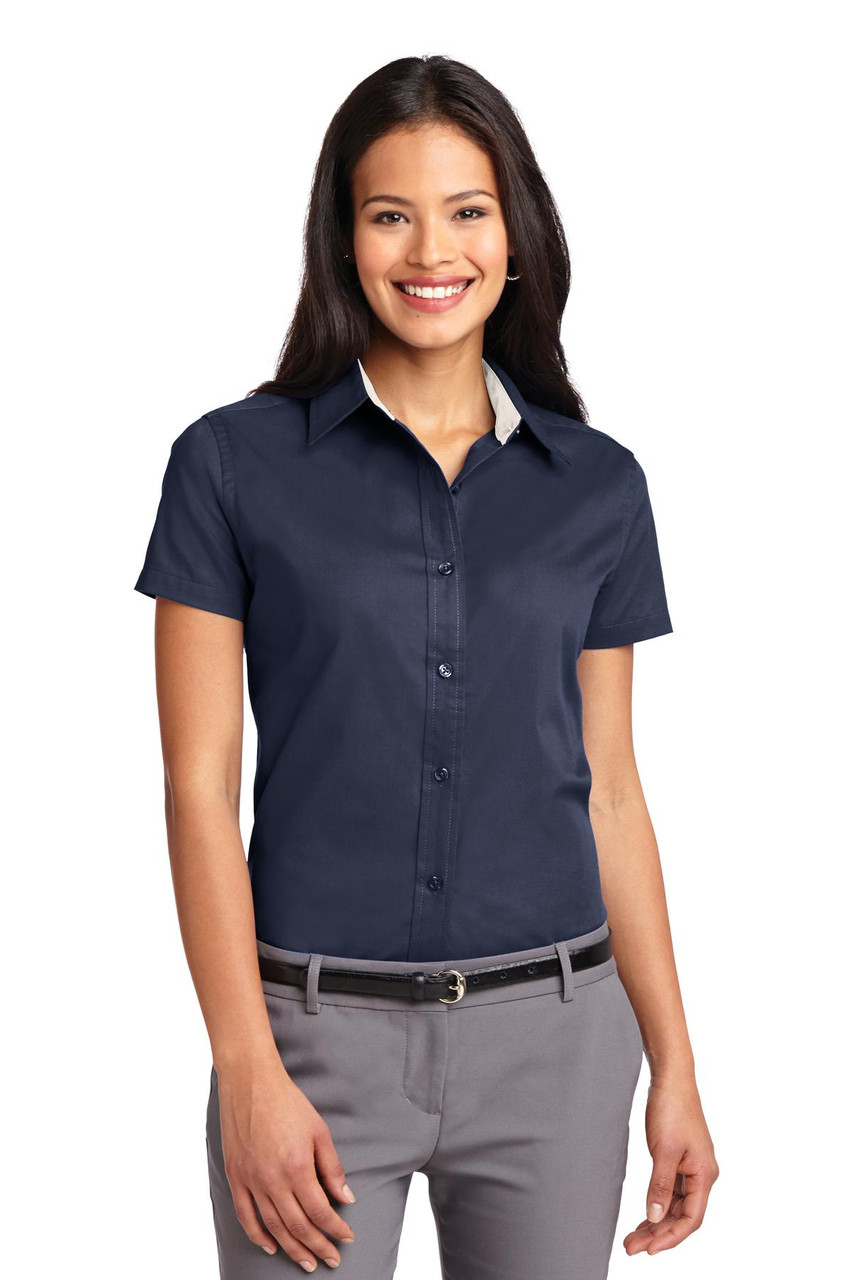 Port Authority® Ladies Short Sleeve Easy Care  Shirt.  L508 Navy/ Light Stone