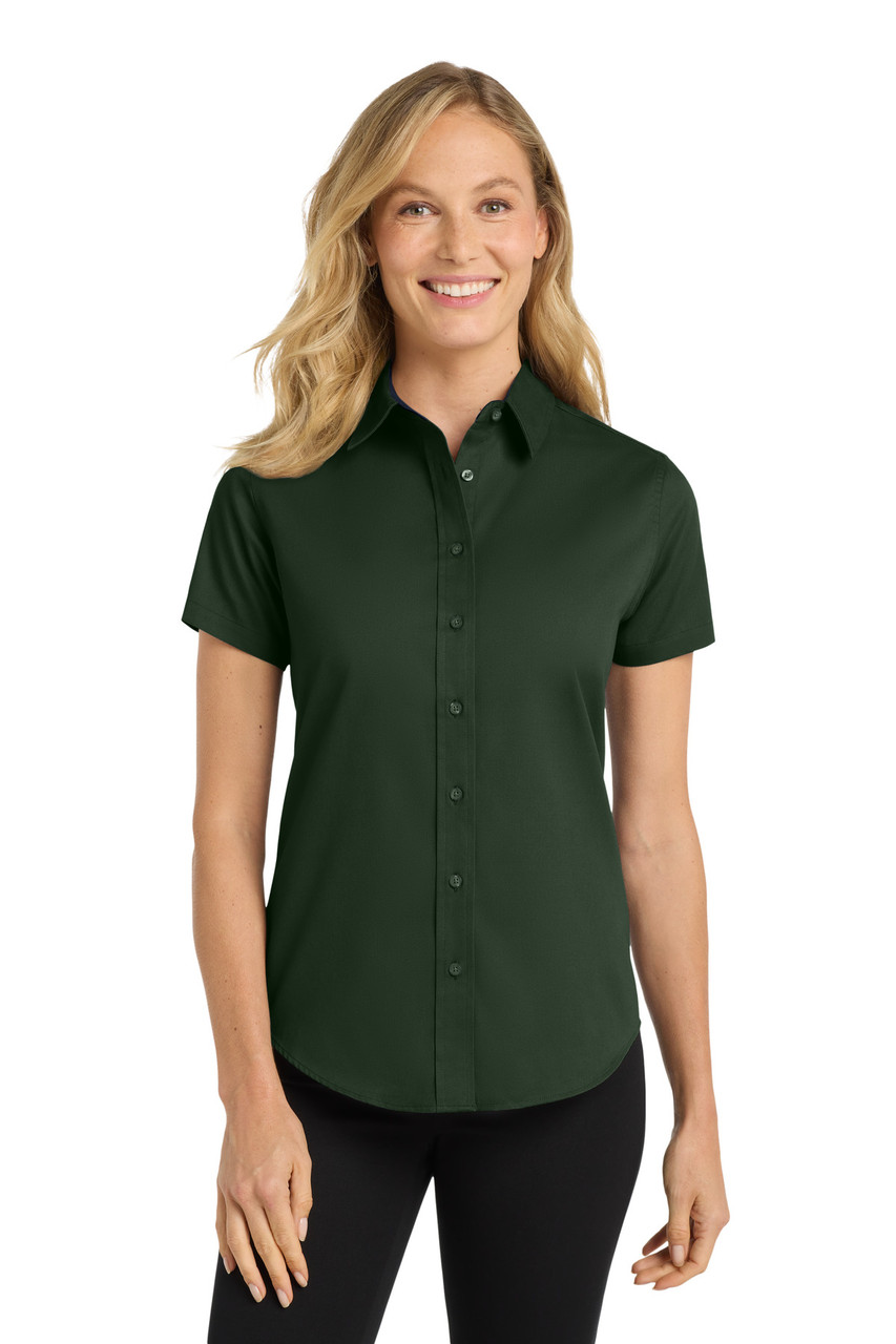 Port Authority® Women's Short Sleeve Easy Care  Shirt.  L508 Dark Green/ Navy