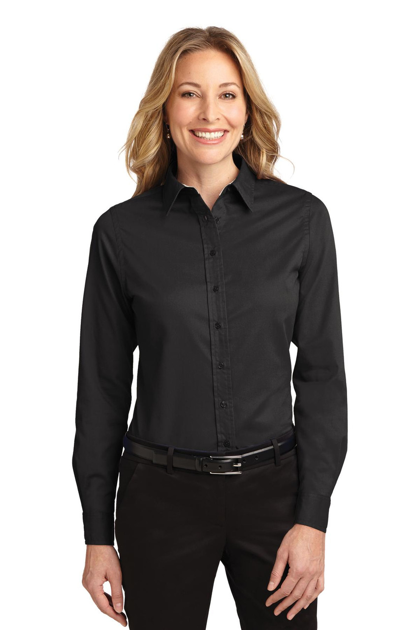 Port Authority® Ladies Long Sleeve Easy Care Shirt.  L608 Black/ Light Stone