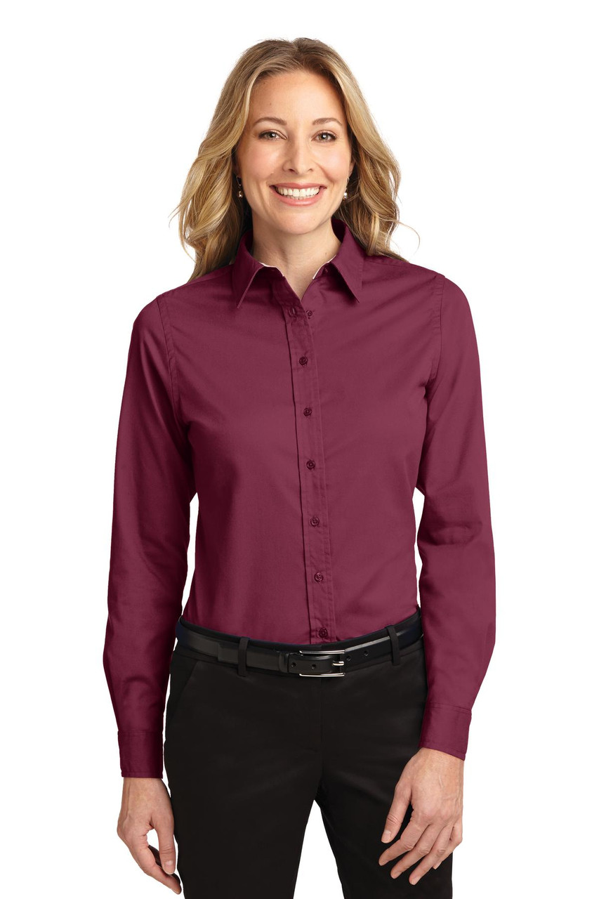 Port Authority® Ladies Long Sleeve Easy Care Shirt.  L608 Burgundy/ Light Stone