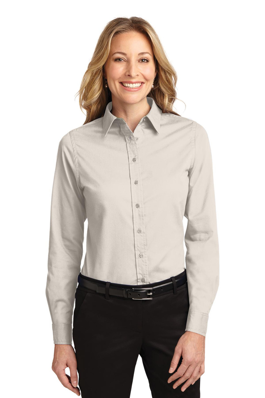 Port Authority® Ladies Long Sleeve Easy Care Shirt.  L608 Light Stone/ Classic Navy